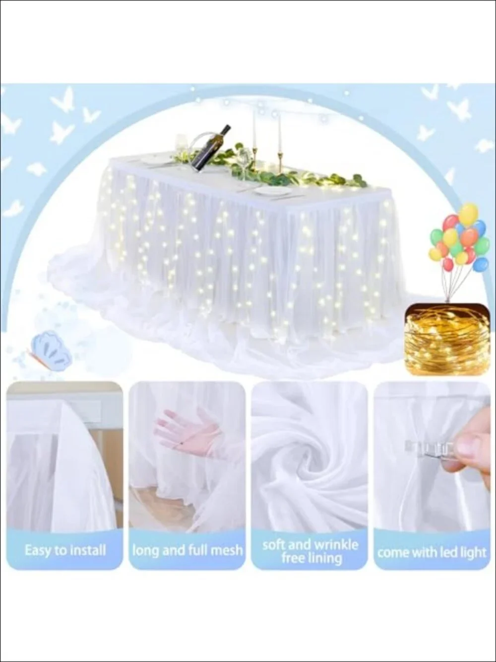 Tulle Tutu Table Skirt 14ft LED Light String for Rectangle Round Tables